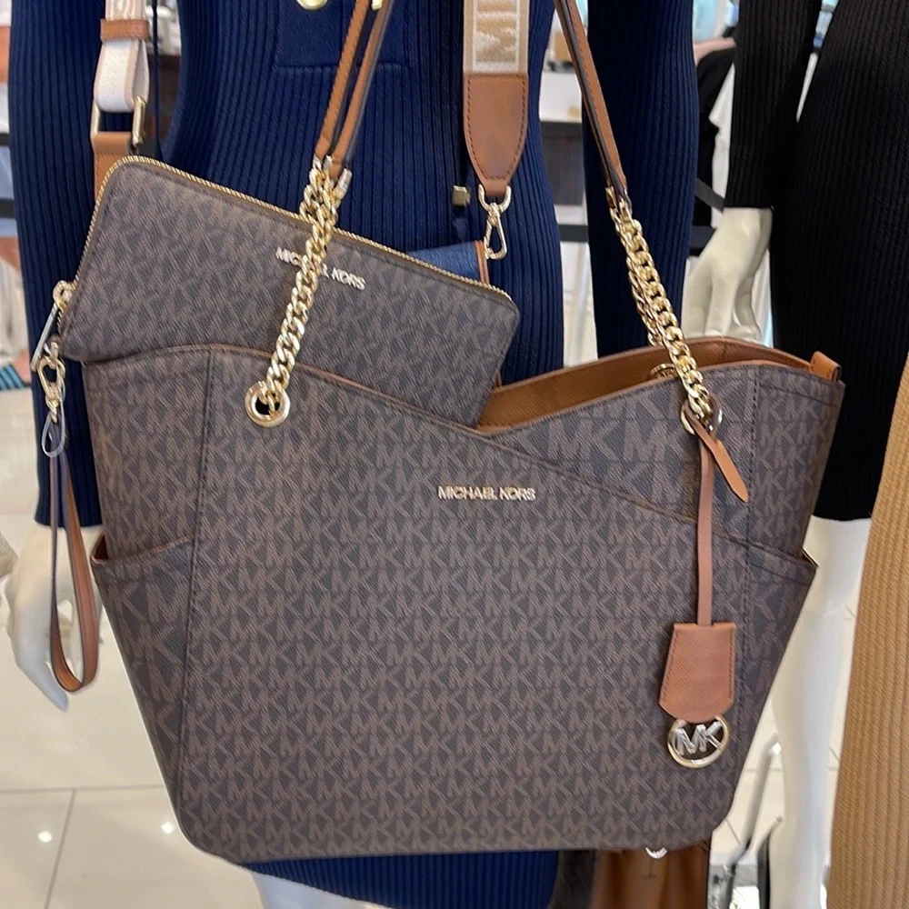 MICHAEL KORS LG X CHAIN SHOULDER TOTE & JST Large Travel CONTINENTAL Wallet - Picture 14 of 16